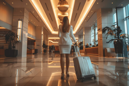 Businesswoman with luggage doing check-in at the modern hotel lobby
