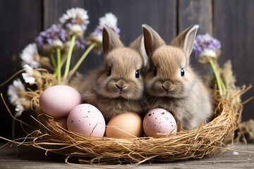 Bunnies with easter eggs on wooden background (3)
