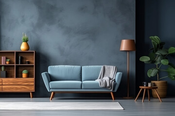 Round coffee table near the blue sofa. Wooden shelf with decoration and houseplant against blue wall with copy space. Modern living room interior design
