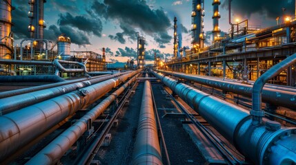 Gas and oil pipelines in a transportation and petrochemical industry plant at dusk, showcasing industrial infrastructure and energy production