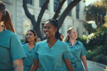 team of medical students in scrubs walk together on a university hospital campus