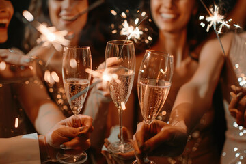 Group of friends celebrating with champagne and sparklers at a part