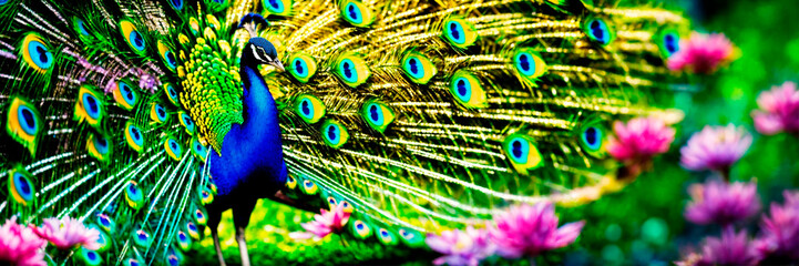 portrait of a peacock with a beautiful tail. Selective focus.