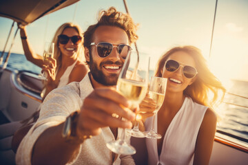 Group of friends having fun together and drinking champagne while sailing in the sea on luxury yacht