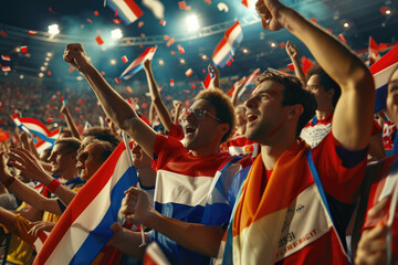 Group of sport fans on stadium cheering soccer match with flags national