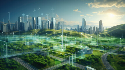  Modern agricultural city aerial view and digital technology concept. Smart agriculture. Agri tech
