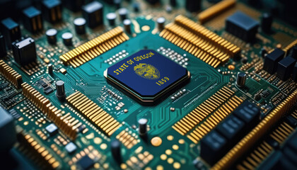 Fototapeta premium Oregon flag on a processor, CPU or microchip on a motherboard. Concept for the battle of global microchips production.