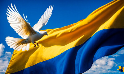 Dove of peace against the background of the flag of Ukraine. selective focus.