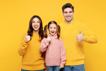 Young smiling happy parents mom dad with child kid girl 7-8 years old wearing pink knitted sweater...