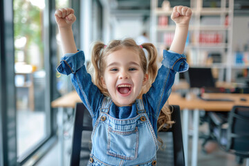 little girl very happy and excited doing winner gesture with arms raised sitting on chair, class...