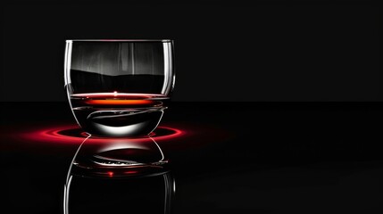 A glass of whiskey on a podium on a black background. Yellow liquid in a glass glass.