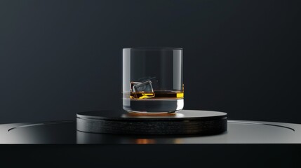 A glass of whiskey on a podium on a black background. Yellow liquid in a glass glass. - obrazy, fototapety, plakaty
