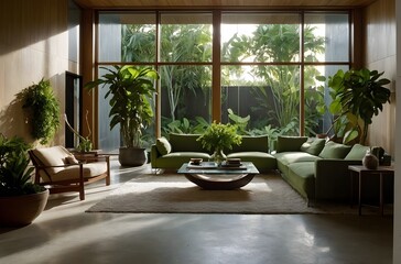 Obraz premium Living Room Design: Embracing Eco-Friendly Elements in a Modern Setting, generative AI