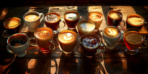 Coffee tasting session, with cups of coffee lined up on a rustic wooden table, highlighting the nuances and flavors of different coffee varieties. - obrazy, fototapety, plakaty