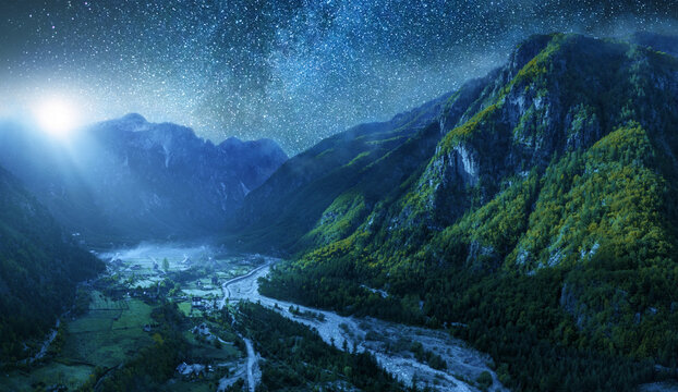 Night Over Theth Village in the Mountains of the Albanian Alps with a Starry Sky