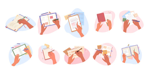 top view writing. Hand making note, holding pen and writing down goals planning and organization, office desktop view, Effective time management. vector cartoon concept illustration.