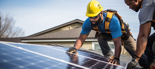 A worker installs solar panels on the roof of a house. Man technician in work gloves installing stand alone solar panel system. Concept of alternative energy and power sustainable resources