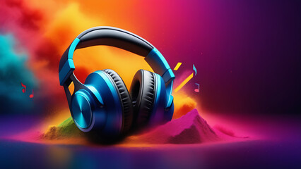 World music day banner with headset headphones on abstract colorful dust background. - obrazy, fototapety, plakaty