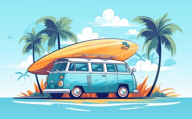 Retro Surf Van with Board Ready for Summer Waves - Generative AI