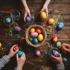 Schilderijen op glas Top view fo children are preparing colorful easter eggs on wood table. © IMAGINE AI