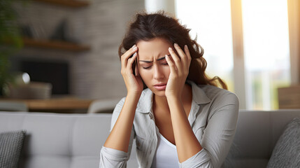 Young woman with headache at home