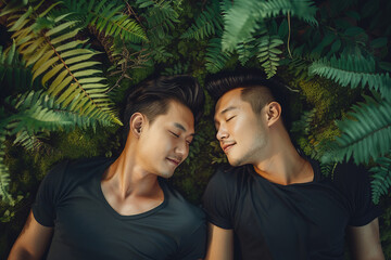 two young asian men on the ground sleeping, forest background