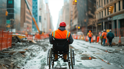 Determined Individual in Wheelchair on Challenging Urban Construction Path