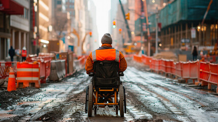 Wheelchair User Navigating a Muddy Construction Site in the City