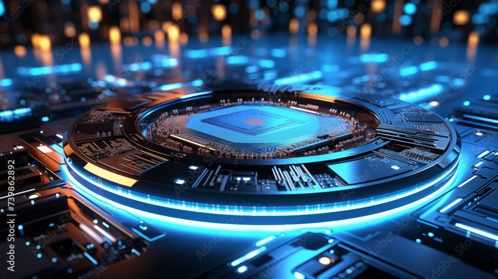 Aufkleber central microchip encircled by neon blue lights image background. futuristic technology close up pic
