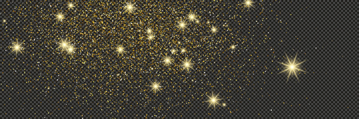 Gold glittering dust with stars on transparent backdrop