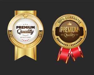 Collection of quality golden badges isolated on white background vector illustration