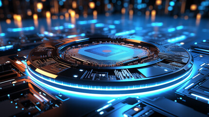 Fototapeta na wymiar Central microchip encircled by neon blue lights image background. Futuristic technology close up picture. Computer hardware photo backdrop. Data processing. Advanced computing concept