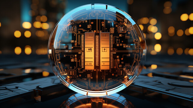 Microchip core within spherical shield image background. Intricate circuits close up picture wallpaper. Technology closeup photo backdrop. Secure technological protection concept