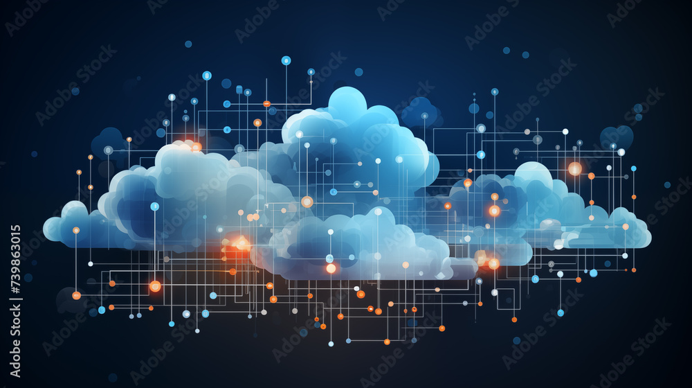 Poster cloud computing background image. fluffy blue clouds with circuit of illuminated data points desktop