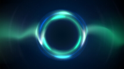 Blue green circular light frame on dark background. Shining light ring. Glowing green blue circle. Stage backdrop. Abstract background for displaying products, text, copy paste. Vector illustration