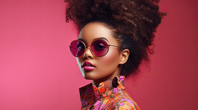 Portrait of a young african woman at studio. High Fashion female model in colorful bright neon lights posing 