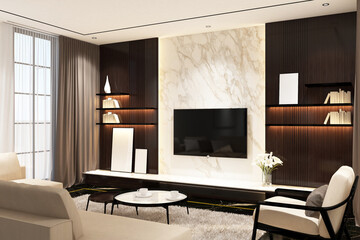 Modern contemporary  living room with frame mock up on the wall. Design 3d rendering of black and dark woods. Design print for illustration, presentation, mock up, interior, zoom, background. Set 8