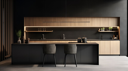 Stylish modern luxury kitchen featuring atmospheric white LED lighting, Minimalist kitchen with sleek cabinets black tile backsplash and stainless steel appliances
