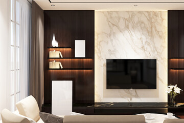 Modern contemporary living room with frame mock up on the wall. Design 3d rendering of black and dark woods. Design print for illustration, presentation, mock up, interior, zoom, background. Set 9