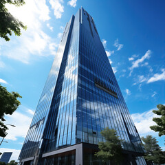 Fototapeta premium Corporate skyscraper, soaring into the sky, adorned with countless reflective windows. The geometric perspective creates a mesmerizing sense of symmetry and grandeur. Abstract background 