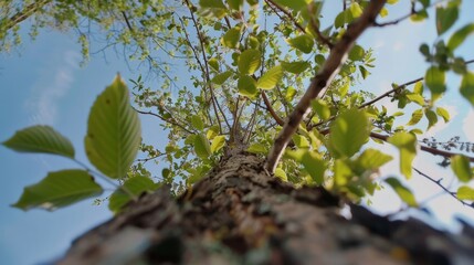 Fototapeta premium Large tree view from below. Closeup tree trunk with bark and branches with leaves. An unusual perspective on the forest and nature