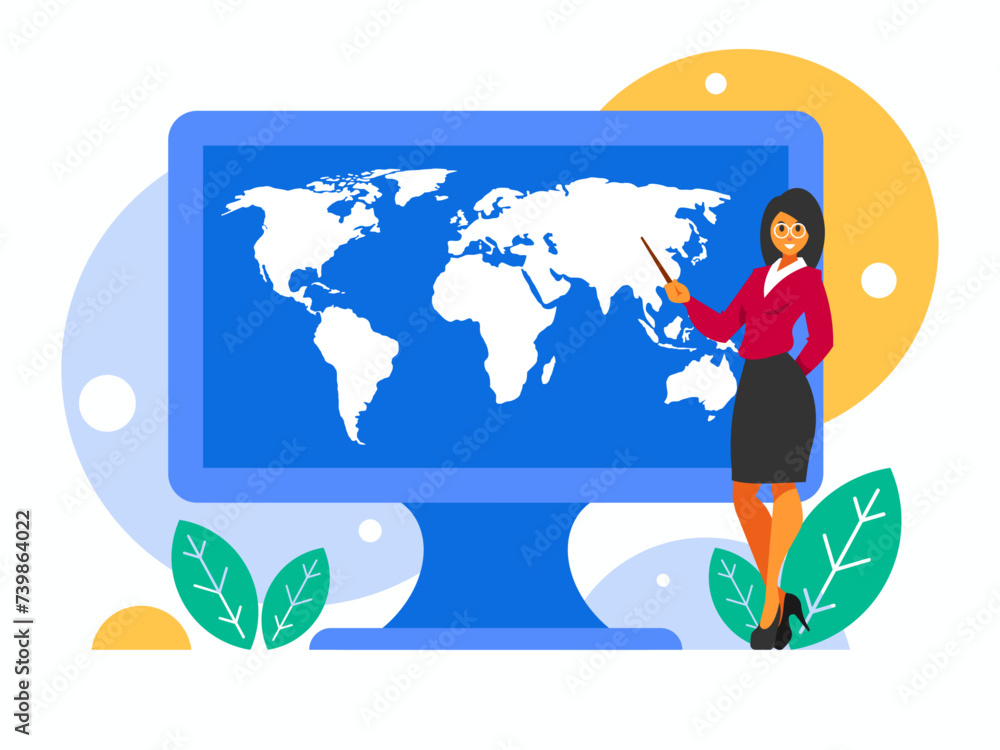 Poster female geography teacher. female teacher in glasses stands with a pointer. world map on computer dis