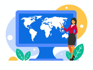 Female geography teacher. Female teacher in glasses stands with a pointer. World map on computer display. Background with monitor. Vector graphics