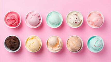 Set of paper Ice-cream bowl with delicious appetizing ice cream on pink background. Ice cream scoops balls with different flavors. AI Generative, flat lay, banner