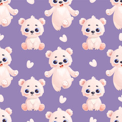 Seamless pattern with cute polar bear animal on purple background with hearts. Vector illustration in cartoon style. Kids collection.