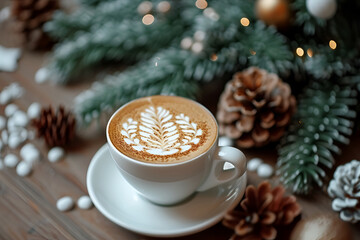 Obraz na płótnie Canvas Cappuccino coffee mug with cinnamon Christmas tree print. Christmas and New Year concept. Coffee shop advertising. AI Generative