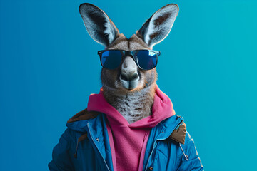 Humanized Stylish kangaroo in fashionable jacket and hoodie on bright background. Advertisement, banner, copy space. Sale, fashion and style concept. AI Generative