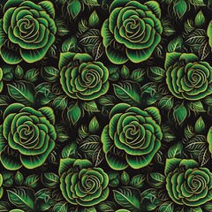 seamless floral pattern golden rose green background in modern fabric style Continuous pattern, seamless, vintage, art and culture. Traditional and modern looks, designs, textiles, wallpapers, gift  - obrazy, fototapety, plakaty