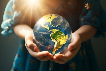 Child's hands hold crystal glowing globe planet Earth. Consept of save planet and Earth day. AI Generative