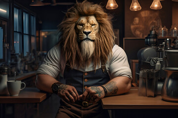 Humanized stylish muscular lion with tattoos, barista hold mug in cafe. Enjoying Coffee. Creative animals portrait. Coffee shop advertisement. AI Generative - obrazy, fototapety, plakaty